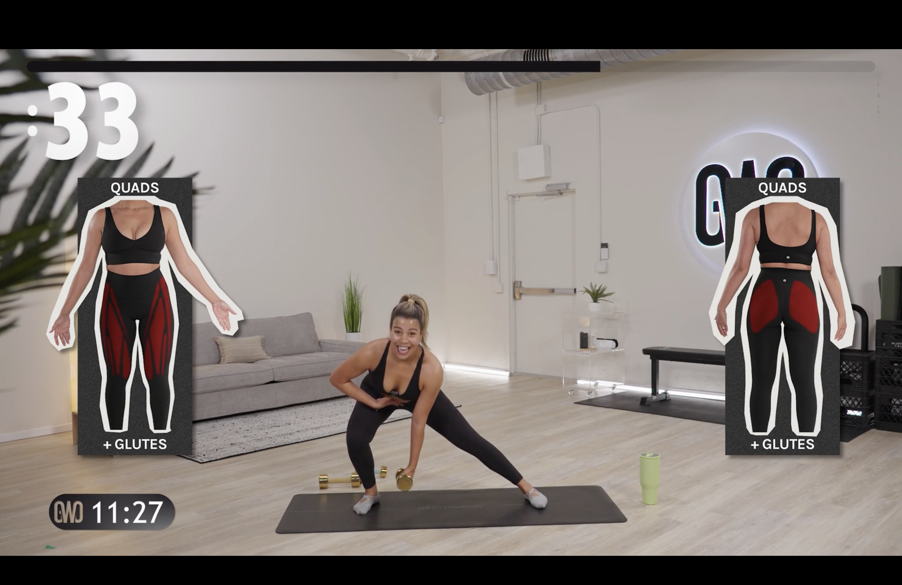 A 20-10-5 session playing on screen, with the working muscles highlighted on the body